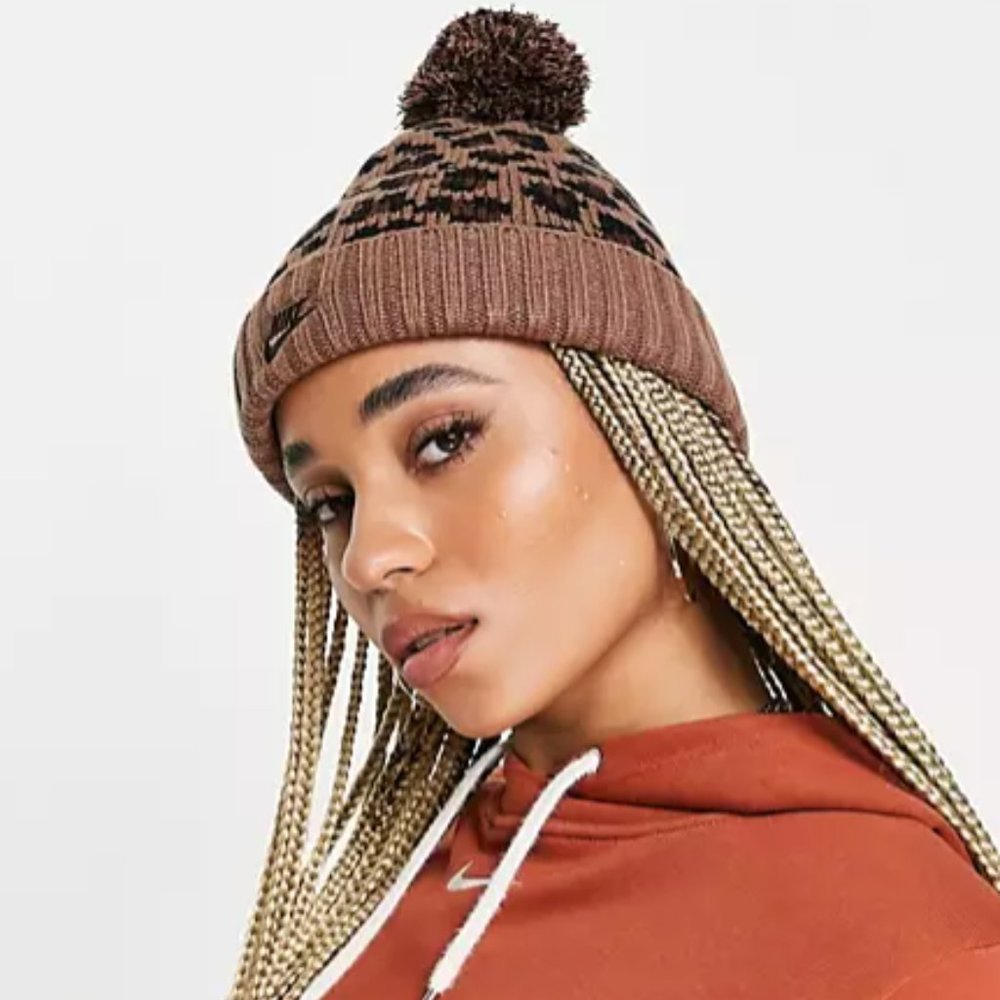 NEW Nike Sportswear Leopard Cheetah Fleece Lined Beanie Winter Hat Snow Women's - Picture 3 of 6